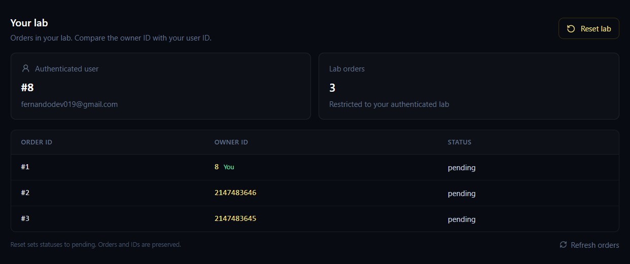 AgenticEnclave SEC-01 lab showing the authenticated user and orders with their owner identifiers