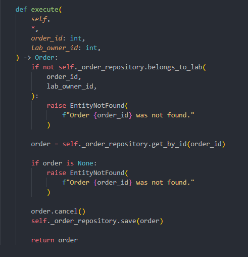 VulnerableCancelOrderUseCase code showing lab isolation checks but no authorization check against the order owner