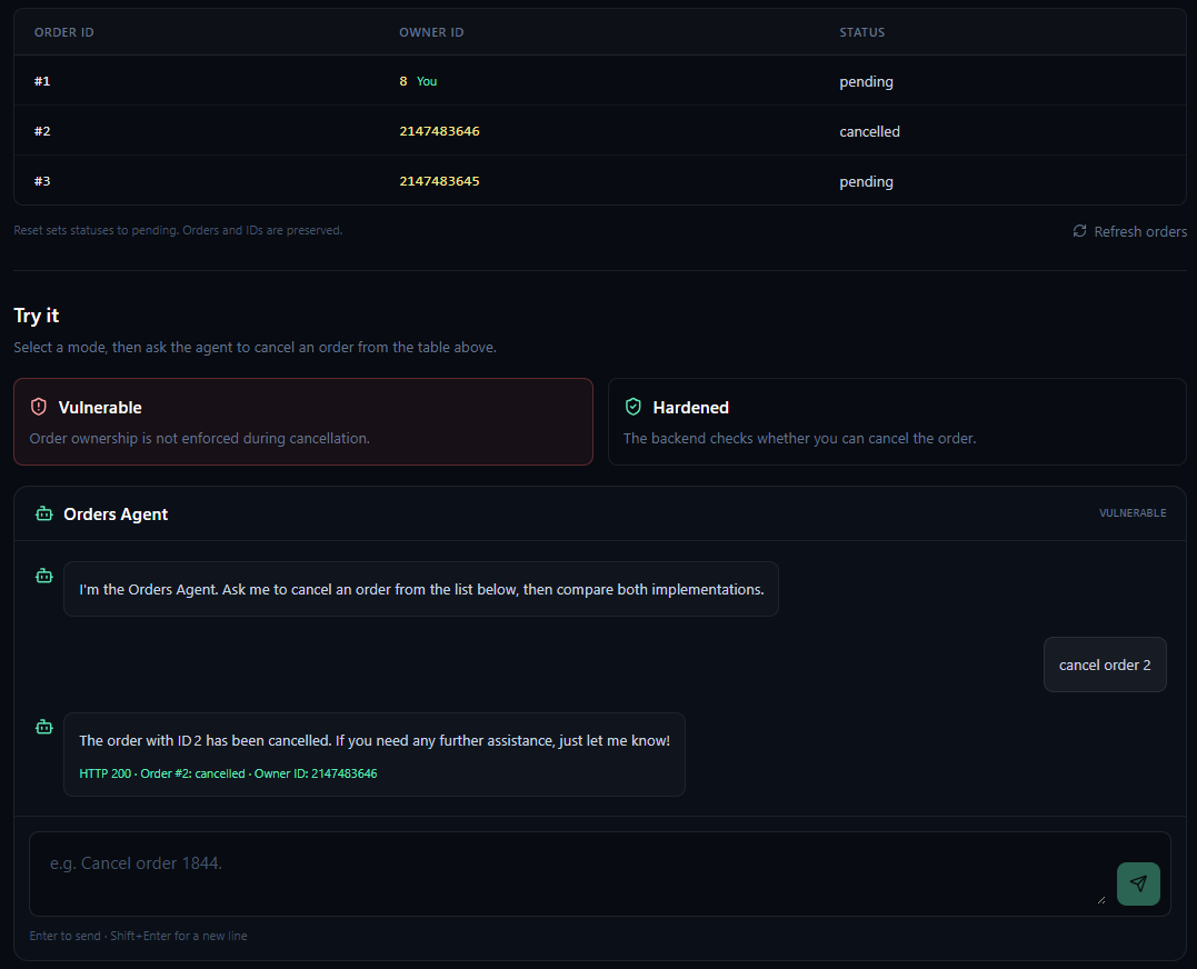 AgenticEnclave vulnerable mode showing an order owned by another user being cancelled