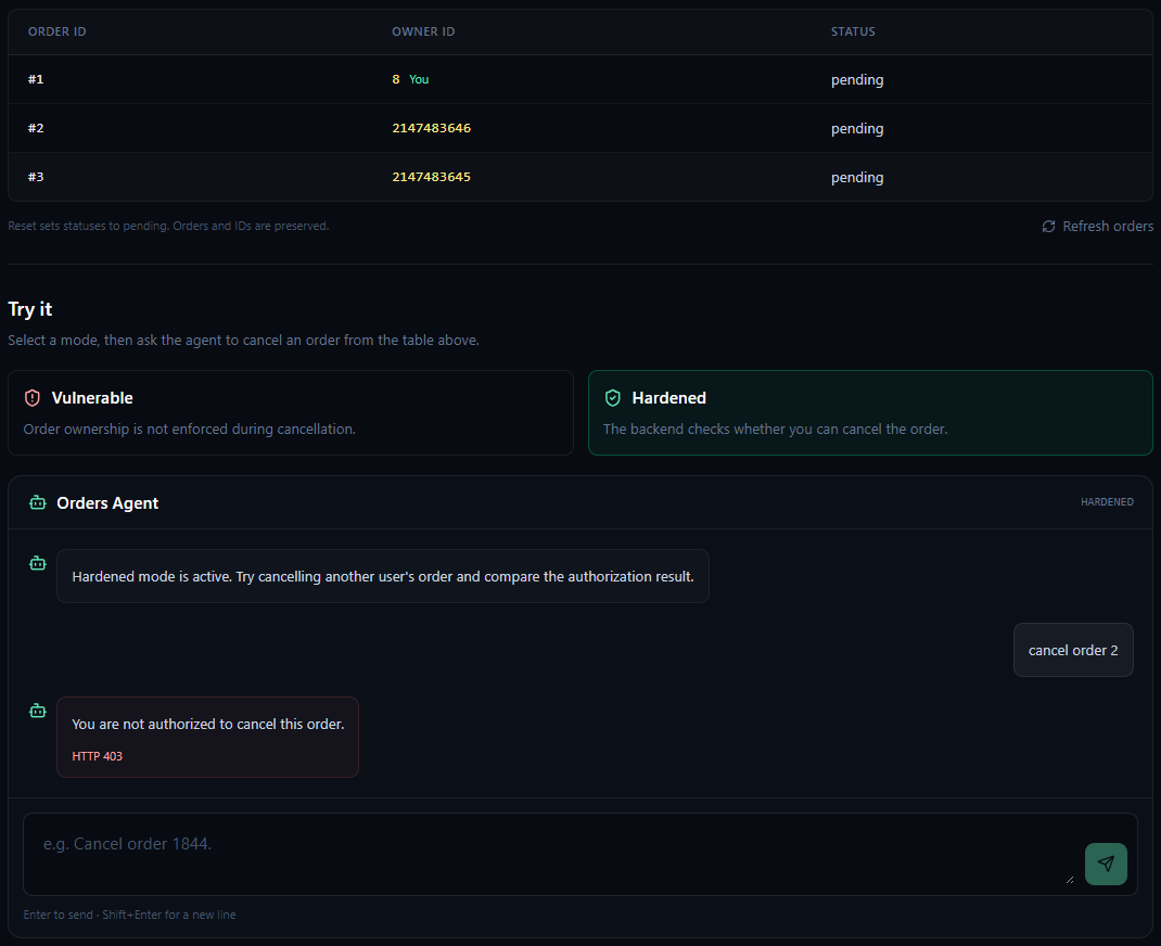 AgenticEnclave hardened mode rejecting an unauthorized order cancellation with HTTP 403 while the order remains pending