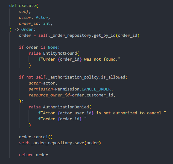 CancelOrderUseCase code checking the actor's CANCEL_ORDER permission against the order owner before cancellation