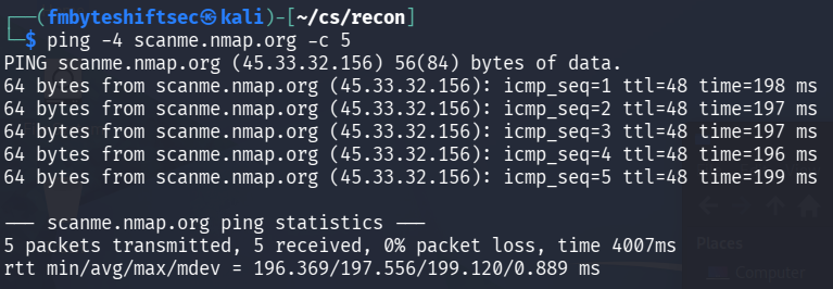 Ping command and output for scanme.nmap.org