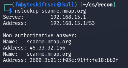 Nslookup command and output for scanme.nmap.org
