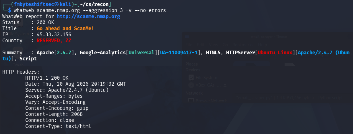 WhatWeb command and output for scanme.nmap.org