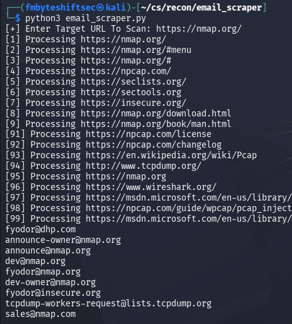 Python email scraper command and output